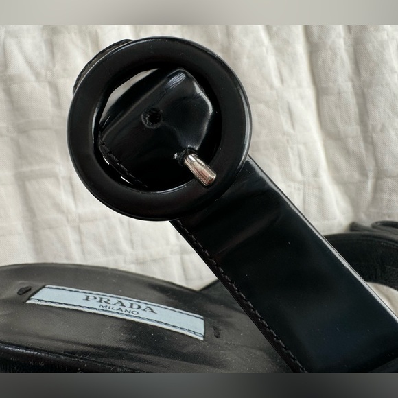 PRADA Black Patent Leather T-Strap Sandals with Bow Detail Block Heel Size 40 - Picture 9 of 15